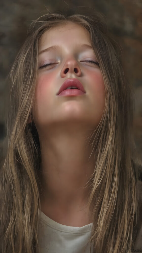 a young girl, looks up, closed eyes, long straight hair falls down to her back, the sun kiss her round face, open mouth