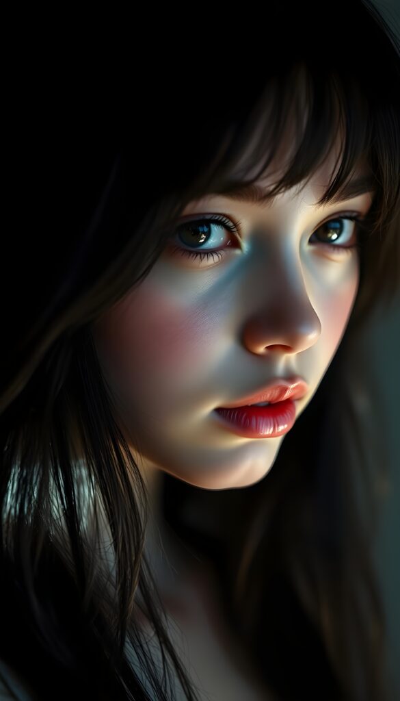Side view of a young girl, long black hair, flawless skin, deep blue eyes reflecting the light. She has red, full lips. Dim light falls into the picture from the side. Flawless, porcelain-colored skin.