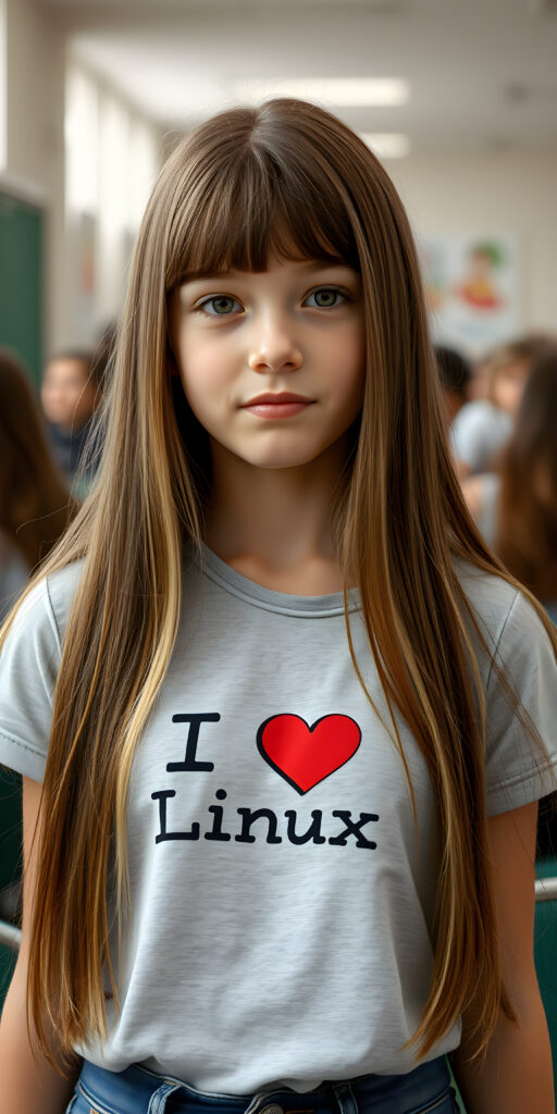 a young girl, long straight open brown soft hair with white highlights, bangs, her hair has the same length right and left, (she wears a light grey thin t-shirt with the inscription («I love Linux»)))), detailed, all against a backdrop in school