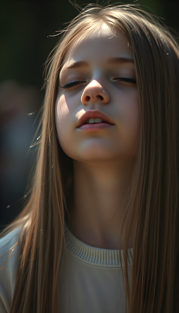 a young girl, looks up, closed eyes, long straight hair falls down to her back, the sun kiss her round face, open mouth