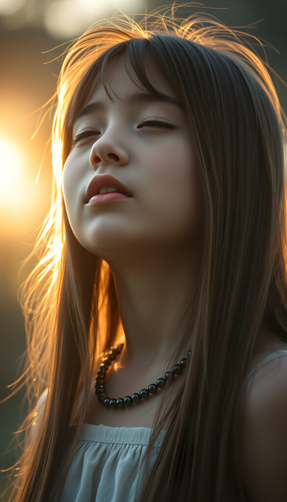 a young girl, looks up, closed eyes, long straight hair falls down to her back, the sun kiss her round face, open mouth