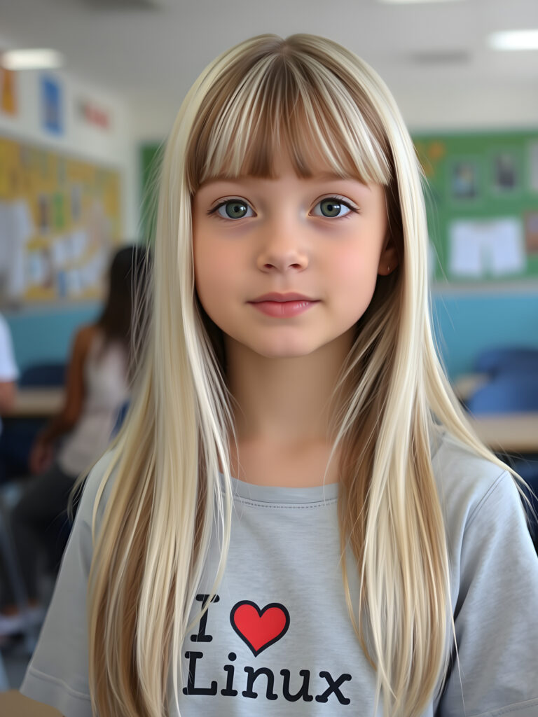 a young girl, long straight open platinum white soft hair with brown highlights, bangs, her hair has the same length right and left, (she wears a light grey thin t-shirt with the inscription («I love Linux»)))), detailed, all against a backdrop in school