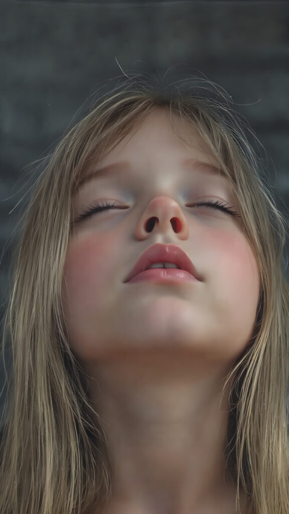 a young girl, looks up, closed eyes, long straight hair falls down to her back, the sun kiss her round face, open mouth