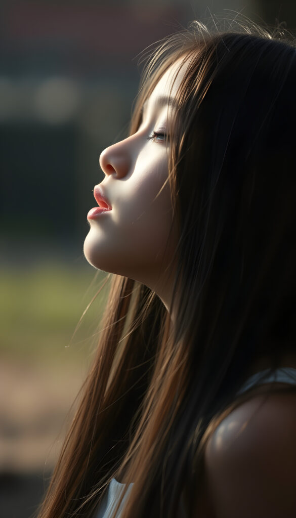 a young girl, looks up, closed eyes, long straight hair falls down to her back, the sun kiss her round face, open mouth