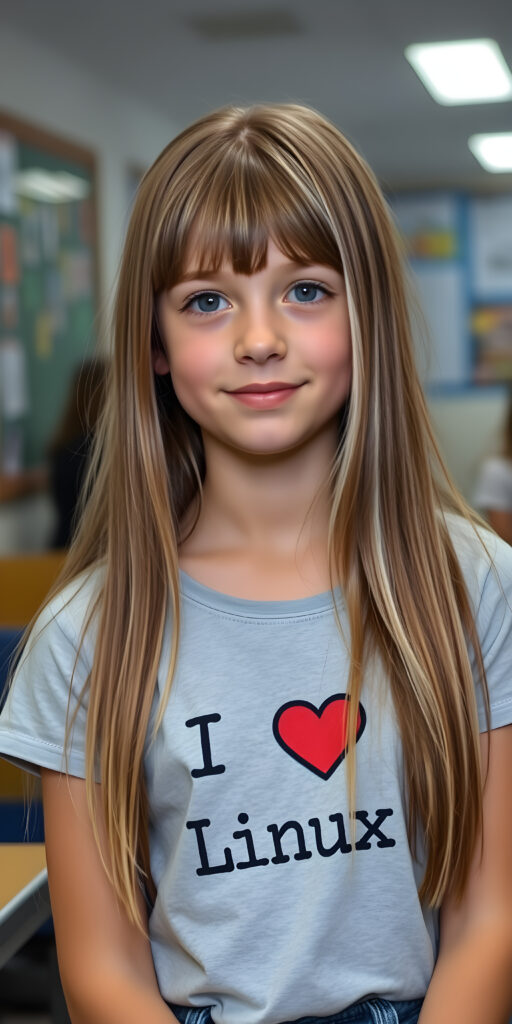 a young girl, long straight open brown soft hair with white highlights, bangs, her hair has the same length right and left, (she wears a light grey thin t-shirt with the inscription («I love Linux»)))), detailed, all against a backdrop in school