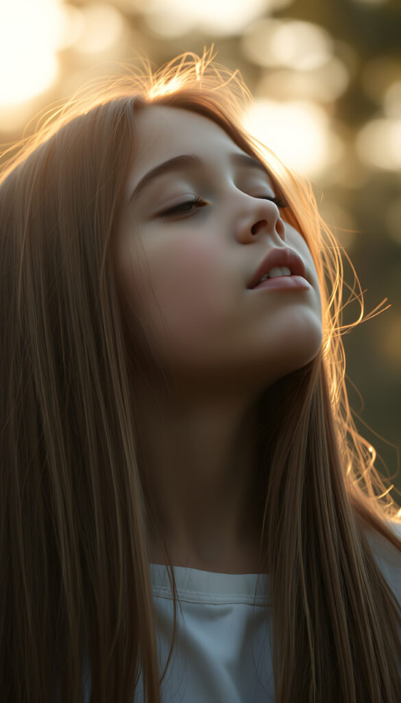 a young girl, looks up, closed eyes, long straight hair falls down to her back, the sun kiss her round face, open mouth
