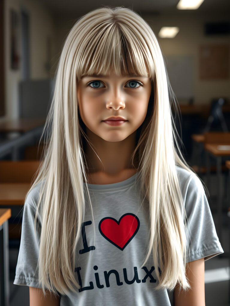 a young girl, long straight open platinum white soft hair with brown highlights, bangs, her hair has the same length right and left, (she wears a light grey thin t-shirt with the inscription («I love Linux»)))), detailed, all against a backdrop in school