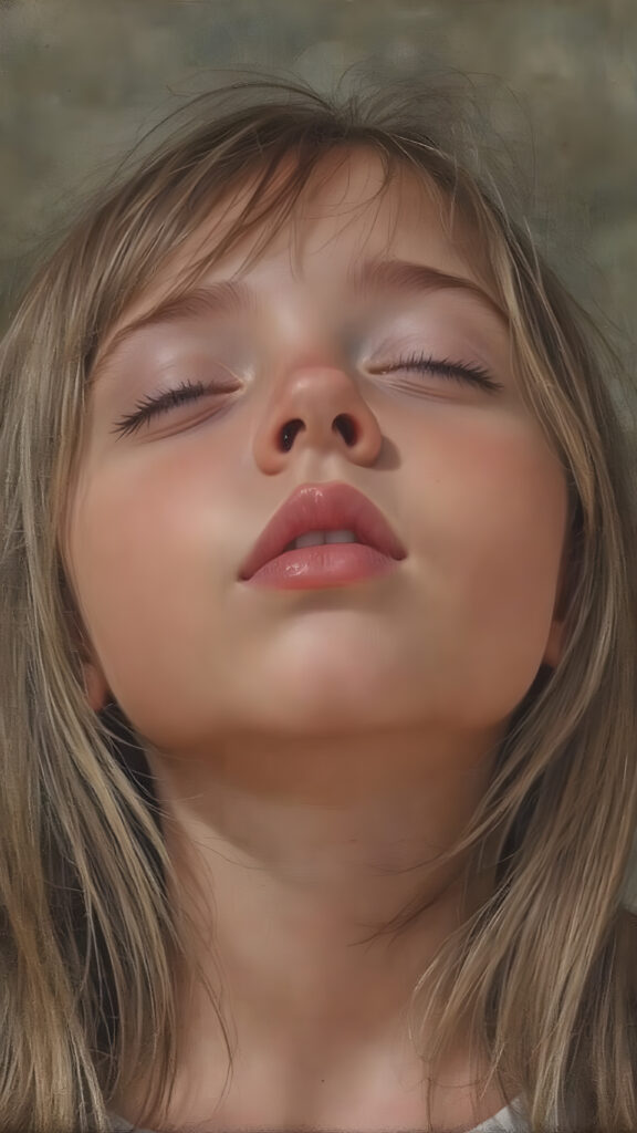 a young girl, looks up, closed eyes, long straight hair falls down to her back, the sun kiss her round face, open mouth