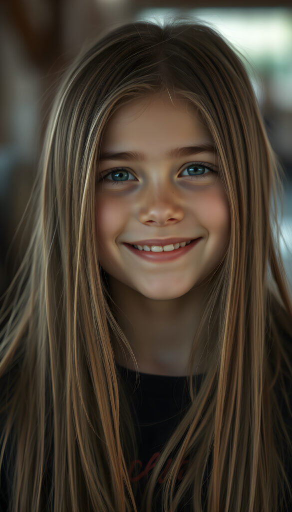 a young girl, long straight detailed blond hair with brown highlights falls down to her back, round face. She is very happy