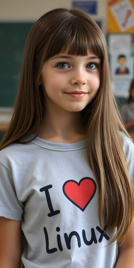 a young girl, long straight open brown soft hair with white highlights, bangs, her hair has the same length right and left, (she wears a light grey thin t-shirt with the inscription («I love Linux»)))), detailed, all against a backdrop in school