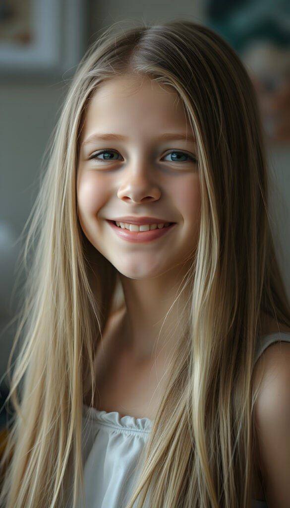 a young girl, long straight detailed blond hair with brown highlights falls down to her back, round face. She is very happy