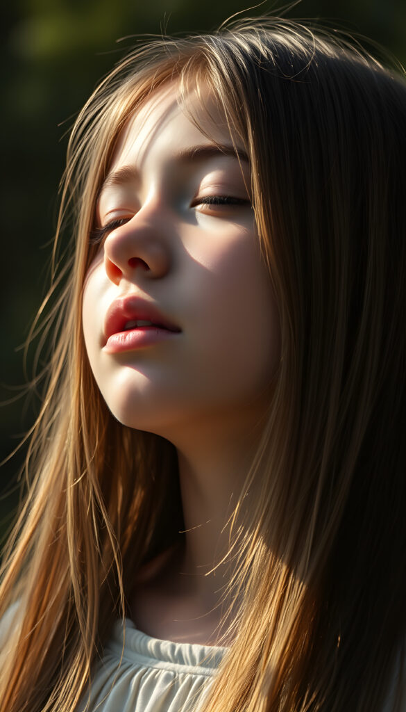 a young girl, looks up, closed eyes, long straight hair falls down to her back, the sun kiss her round face, open mouth