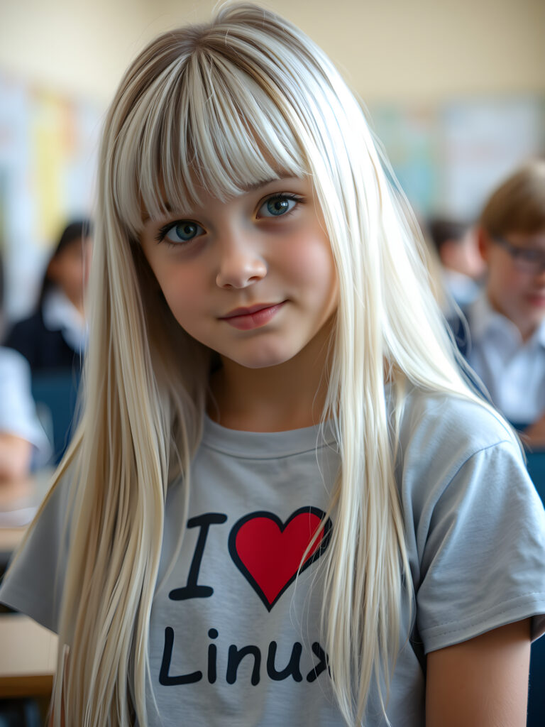 a young girl, long straight open platinum white soft hair with brown highlights, bangs, her hair has the same length right and left, (she wears a light grey thin t-shirt with the inscription («I love Linux»)))), detailed, all against a backdrop in school
