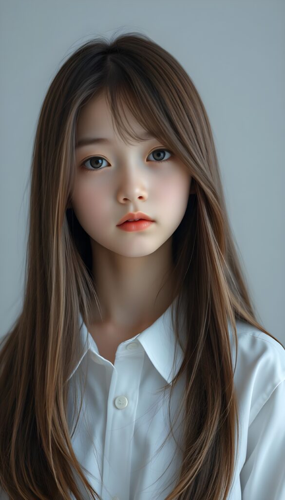 a young girl looks like a porcelain doll, ((realistic photo)), 3D, dressed in a white shirt, long straight soft open brown hair frame her round face. Empty light grey backdrop.