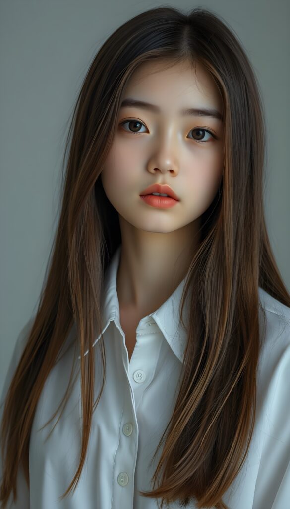 a young girl looks like a porcelain doll, ((realistic photo)), 3D, dressed in a white shirt, long straight soft open brown hair frame her round face. Empty light grey backdrop.