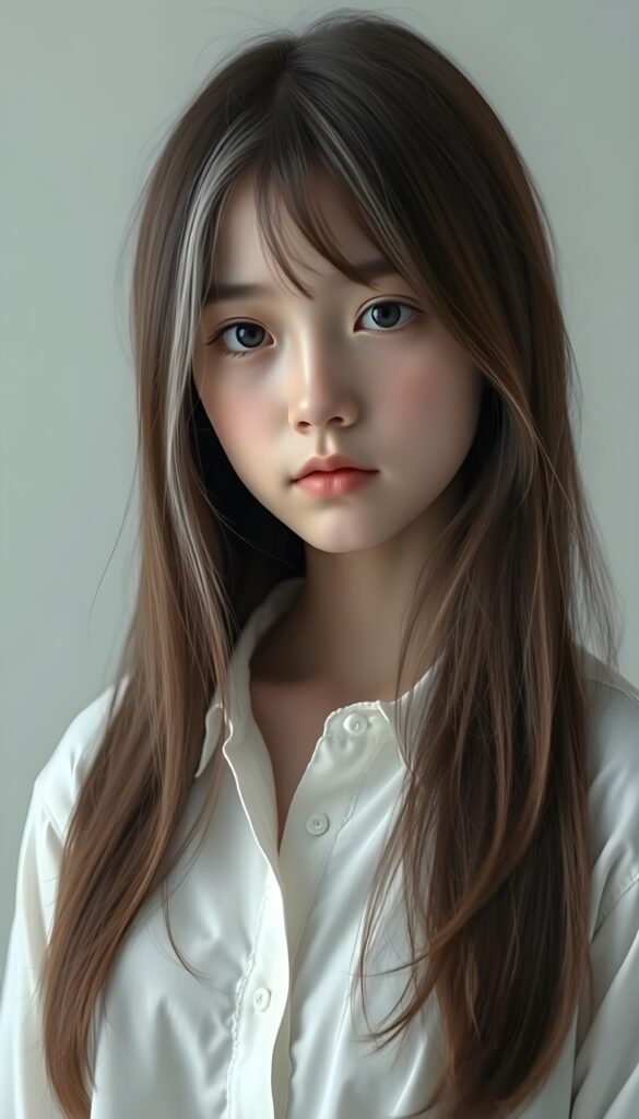 a young girl looks like a porcelain doll, ((realistic photo)), 3D, dressed in a white shirt, long straight soft open brown hair frame her round face. Empty light grey backdrop.