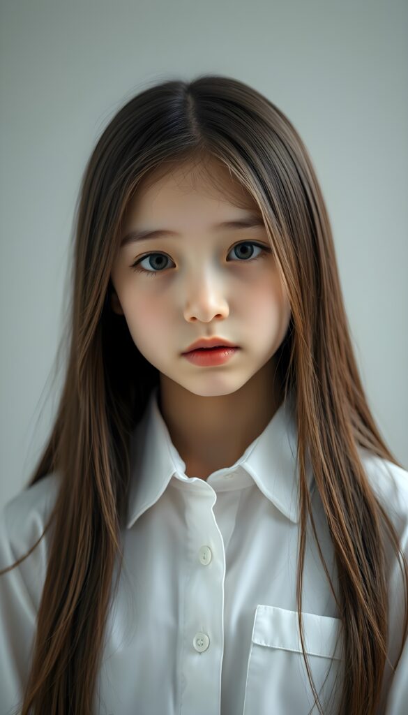 a young girl looks like a porcelain doll, ((realistic photo)), 3D, dressed in a white shirt, long straight soft open brown hair frame her round face. Empty light grey backdrop.