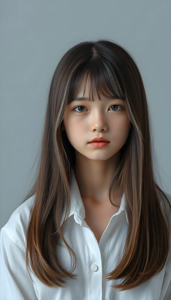 a young girl looks like a porcelain doll, ((realistic photo)), 3D, dressed in a white shirt, long straight soft open brown hair frame her round face. Empty light grey backdrop.