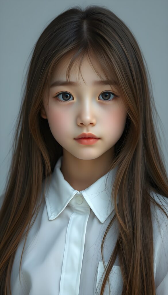 a young girl looks like a porcelain doll, ((realistic photo)), 3D, dressed in a white shirt, long straight soft open brown hair frame her round face. Empty light grey backdrop.