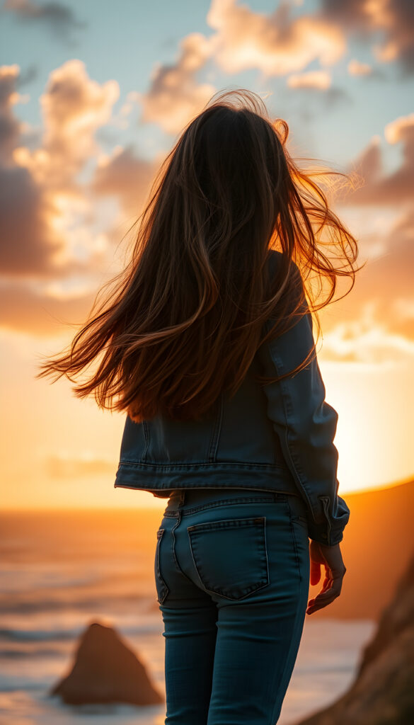 a young girl, perfect female body, with flowing light brown and blond hair in a vibrant sunset, wearing jeans and a denim jacket, seen from behind. She stands on a cliff overlooking the ocean, her silhouette outlined against the golden and orange hues of the setting sun. The scene is serene, with gentle waves crashing below and clouds painted in warm tones, creating a picturesque and romantic atmosphere.