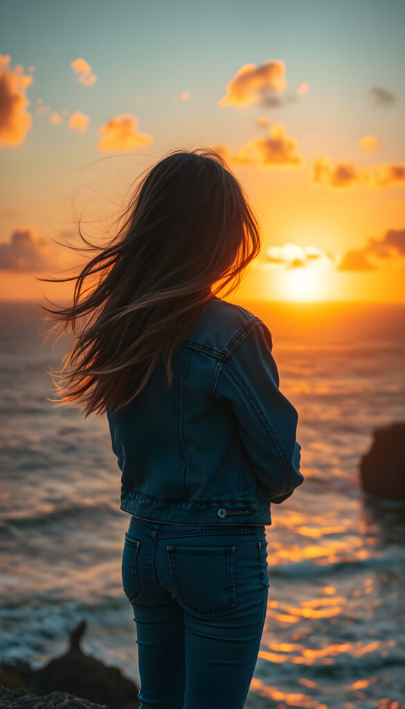 a young girl, perfect female body, with flowing light brown and blond hair in a vibrant sunset, wearing jeans and a denim jacket, seen from behind. She stands on a cliff overlooking the ocean, her silhouette outlined against the golden and orange hues of the setting sun. The scene is serene, with gentle waves crashing below and clouds painted in warm tones, creating a picturesque and romantic atmosphere.