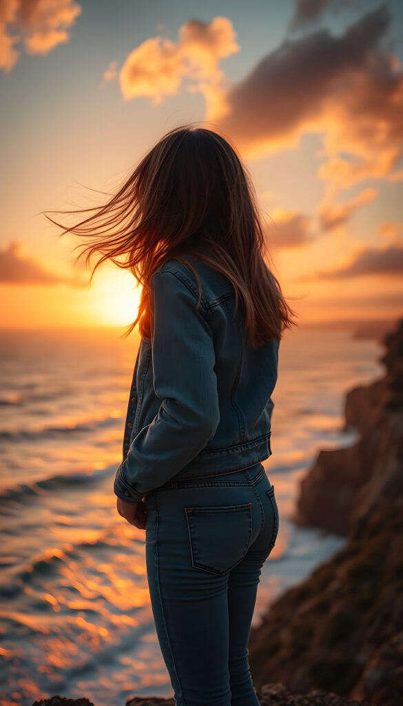 a young girl, perfect female body, with flowing light brown and blond hair in a vibrant sunset, wearing jeans and a denim jacket, seen from behind. She stands on a cliff overlooking the ocean, her silhouette outlined against the golden and orange hues of the setting sun. The scene is serene, with gentle waves crashing below and clouds painted in warm tones, creating a picturesque and romantic atmosphere.