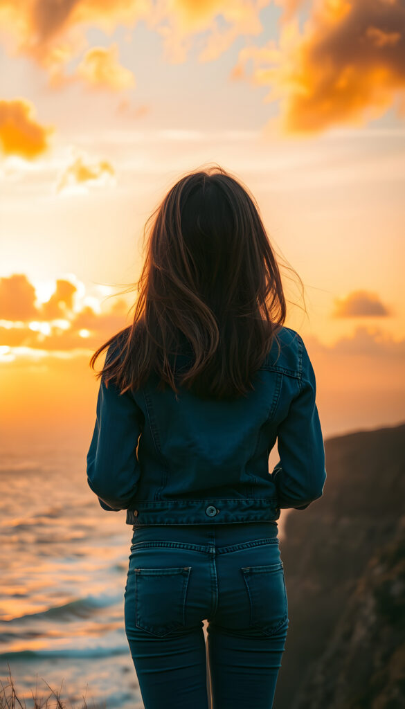 a young girl, perfect female body, with flowing light brown and blond hair in a vibrant sunset, wearing jeans and a denim jacket, seen from behind. She stands on a cliff overlooking the ocean, her silhouette outlined against the golden and orange hues of the setting sun. The scene is serene, with gentle waves crashing below and clouds painted in warm tones, creating a picturesque and romantic atmosphere.