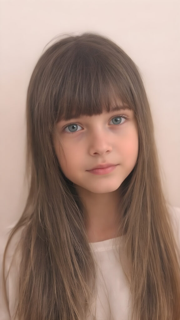 a young girl, super long straight hair, stunning, round face, bangs, cute