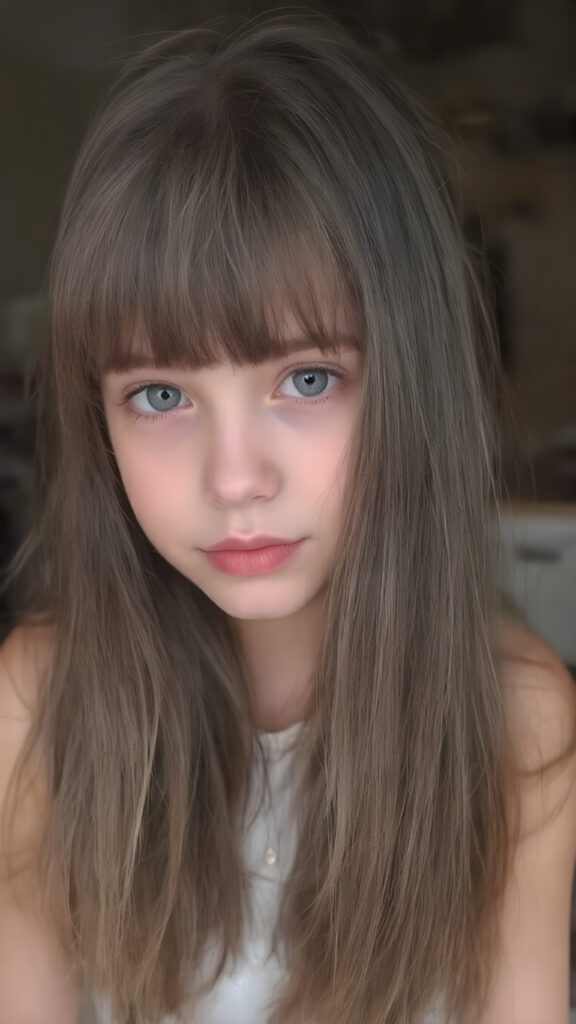 a young girl, super long straight hair, stunning, round face, bangs, cute