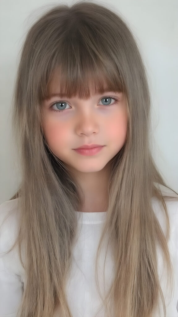 a young girl, super long straight hair, stunning, round face, bangs, cute
