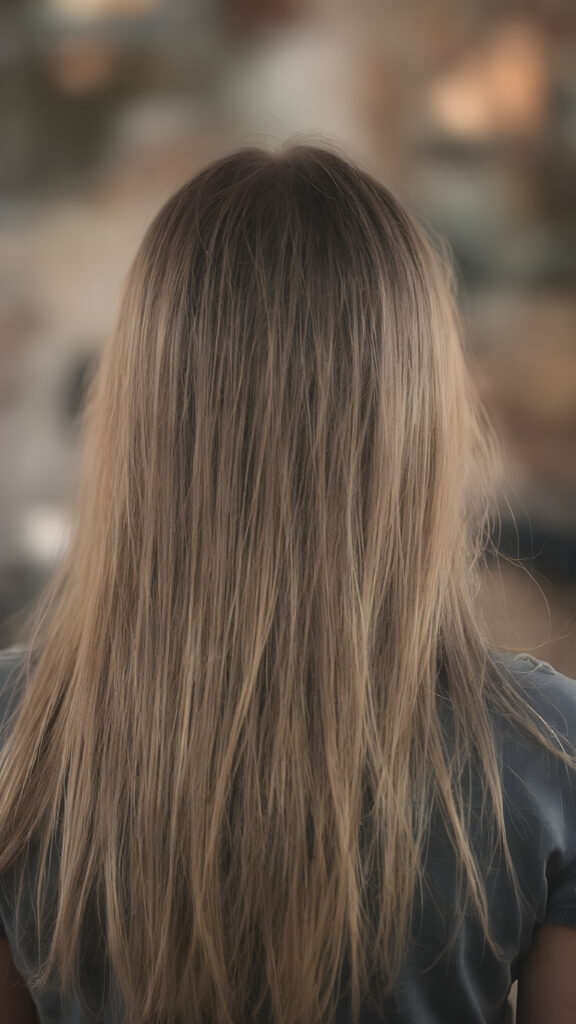 a young girl, super long straight blond brown hair, view from back, stunning