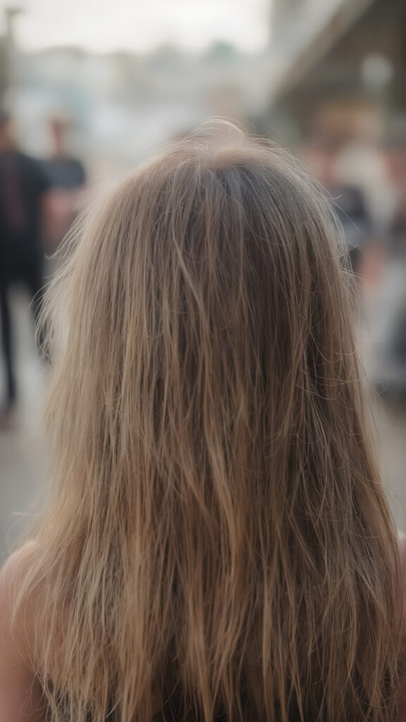 a young girl, super long straight blond brown hair, view from back, stunning