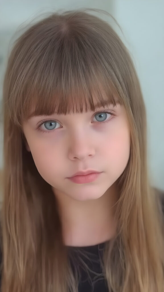 a young girl, super long straight hair, stunning, round face, bangs, cute