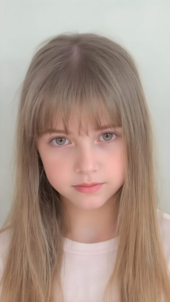 a young girl, super long straight hair, stunning, round face, bangs, cute