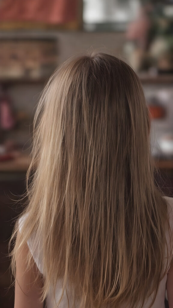 a young girl, super long straight blond brown hair, view from back, stunning