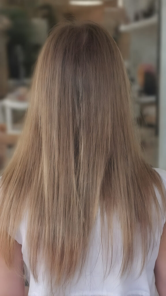 a young girl, super long straight hair, view from back, stunning
