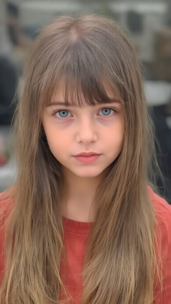 a young girl, super long straight hair, stunning, round face, bangs, cute