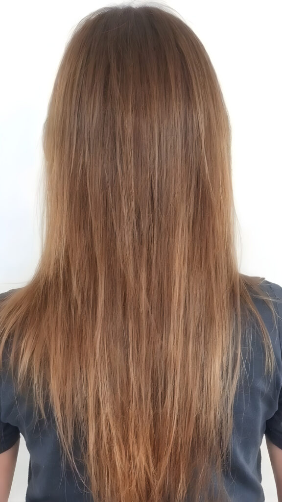 a young girl, super long straight hair, view from back, stunning