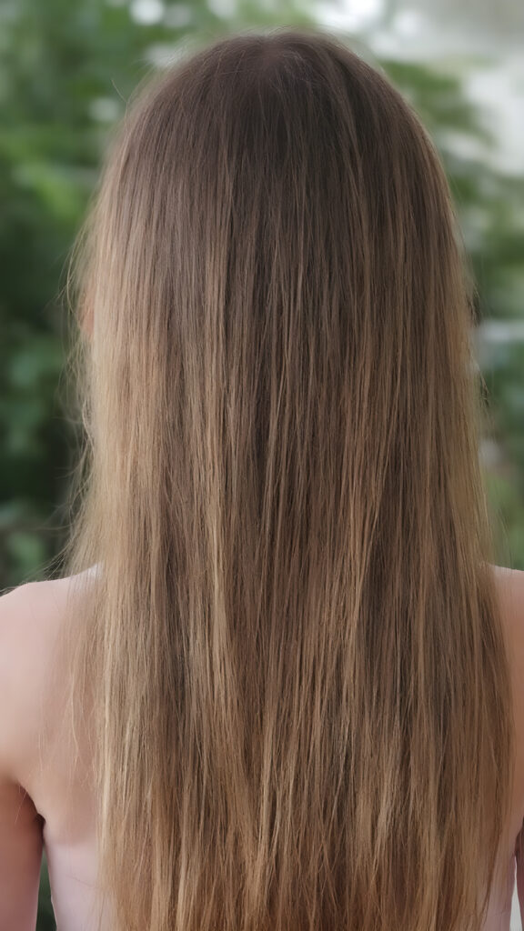 a young girl, super long straight hair, view from back, stunning