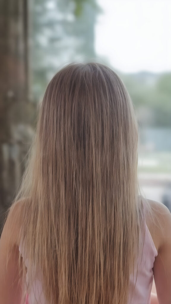 a young girl, super long straight hair, view from back, stunning