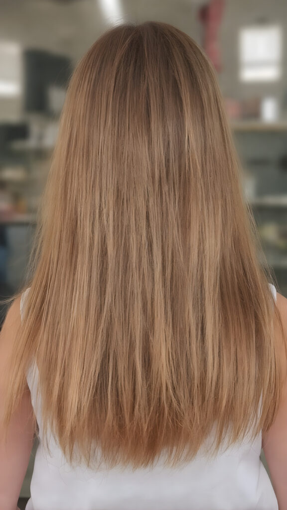 a young girl, super long straight hair, view from back, stunning