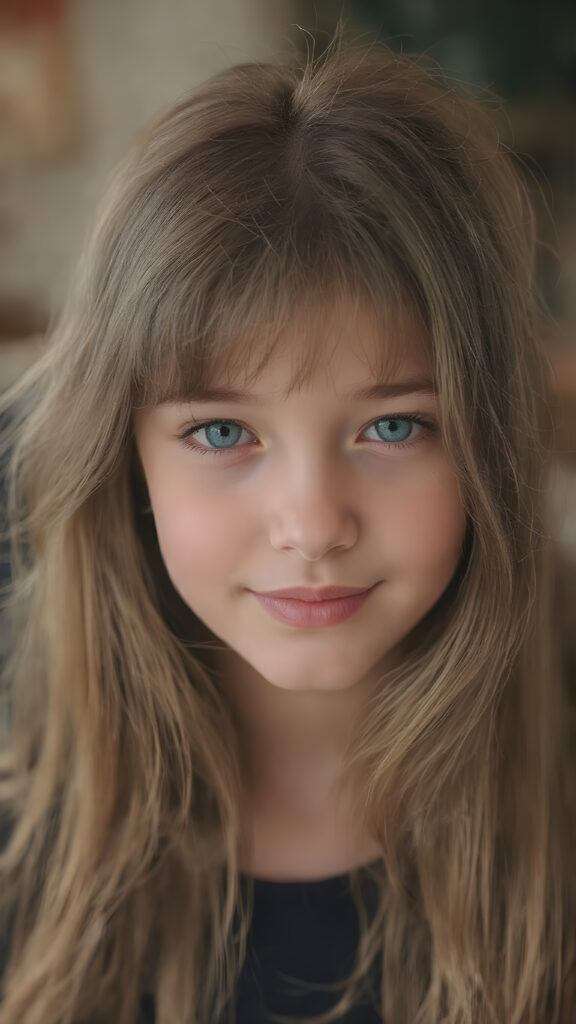 a young girl she looks very +ATTRIBUT with smooth and straight brown and golden hair, her hair falls elegantly over her upper body, perfect makeup, red lips, black eyebrows, small perfect nose and realistic green eyes. She has a flawless beautiful round face, very detailed and realistic, her head is centered in the photo