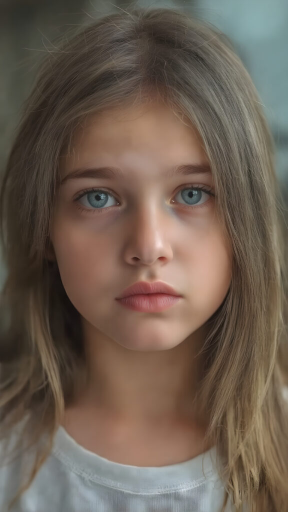 a young girl she looks very +ATTRIBUT with smooth and straight brown and golden hair, her hair falls elegantly over her upper body, perfect makeup, red lips, black eyebrows, small perfect nose and realistic green eyes. She has a flawless beautiful round face, very detailed and realistic, her head is centered in the photo