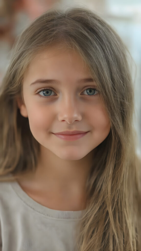 a young girl she looks very +ATTRIBUT with smooth and straight brown and golden hair, her hair falls elegantly over her upper body, perfect makeup, red lips, black eyebrows, small perfect nose and realistic green eyes. She has a flawless beautiful round face, very detailed and realistic, her head is centered in the photo