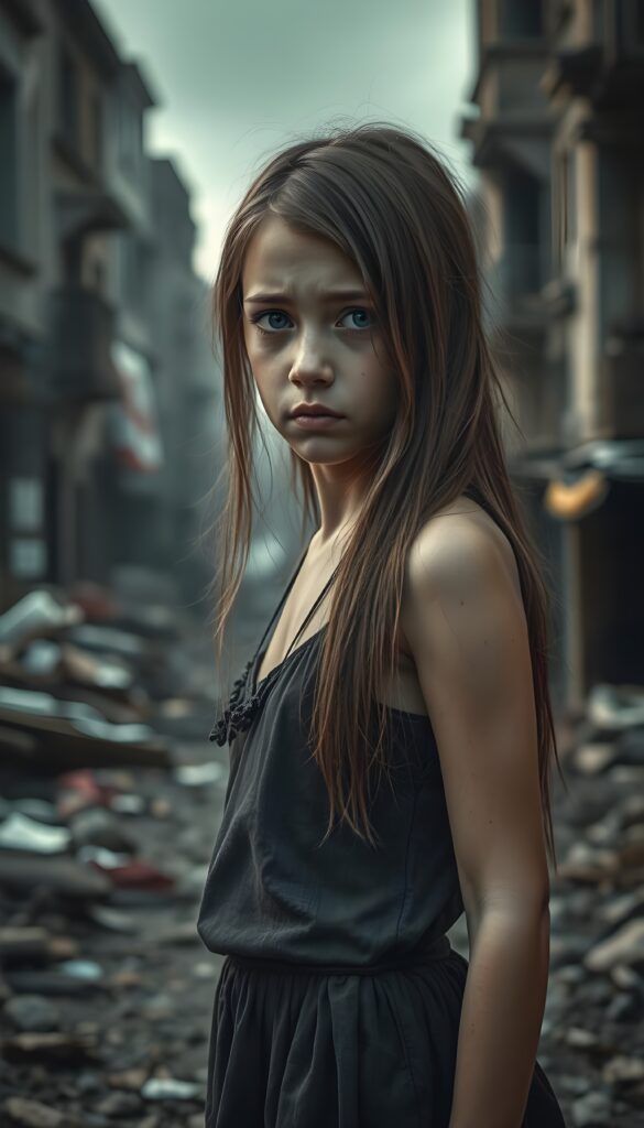 a young girl stands in a city destroyed by war. She is poor and scantily dressed. She cries. She is alone. Her long straight hair is disheveled and dirty. She looks sadly into the camera. ((realistic, detailed photo))