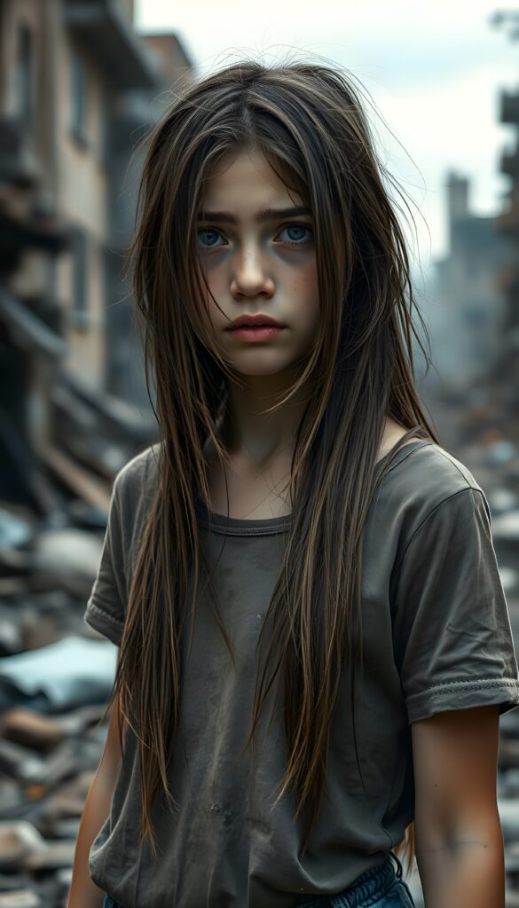 a young girl stands in a city destroyed by war. She is poor and scantily dressed in a dirty t-shirt. She cries. She is alone. Her long straight hair is disheveled and dirty, falls down to her body in the same length left and right. She looks sadly into the camera. ((realistic, detailed photo))