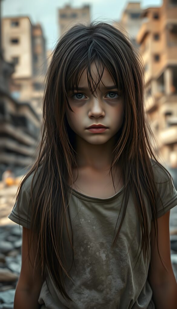 a young girl stands in a city destroyed by war. She is poor and scantily dressed in a dirty t-shirt. She cries. She is alone. Her long straight hair is disheveled and dirty, falls down to her body in the same length left and right. She looks sadly into the camera. ((realistic, detailed photo))