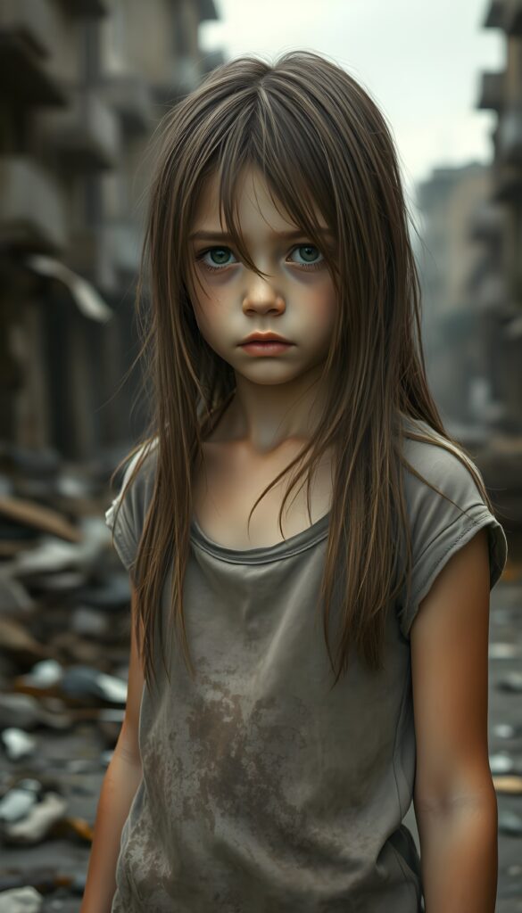 a young girl stands in a city destroyed by war. She is poor and scantily dressed. She cries. She is alone. Her long straight hair is disheveled and dirty. She looks sadly into the camera. ((realistic, detailed photo))