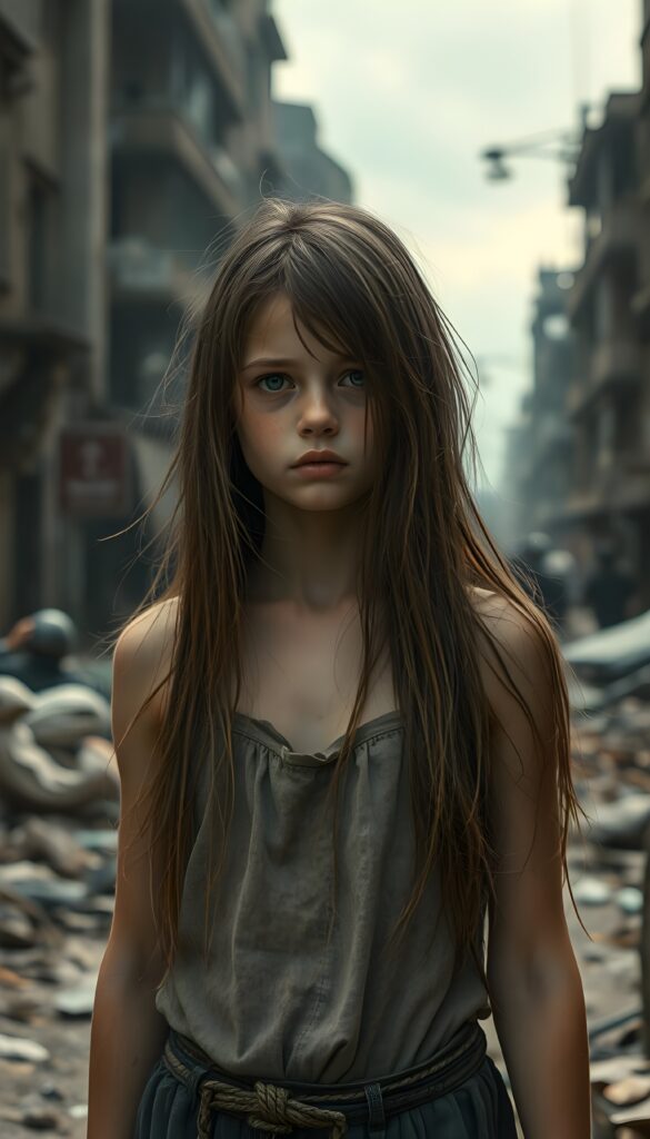 a young girl stands in a city destroyed by war. She is poor and scantily dressed. She cries. She is alone. Her long straight hair is disheveled and dirty. She looks sadly into the camera. ((realistic, detailed photo))