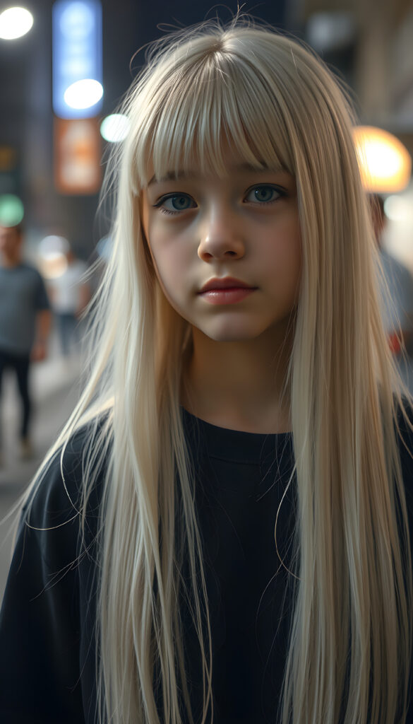 a young innocent Emo girl, very long straight platinum white soft hair falls over her body, bangs cut frame her face, same length, plain black dressed, night, alone in the street